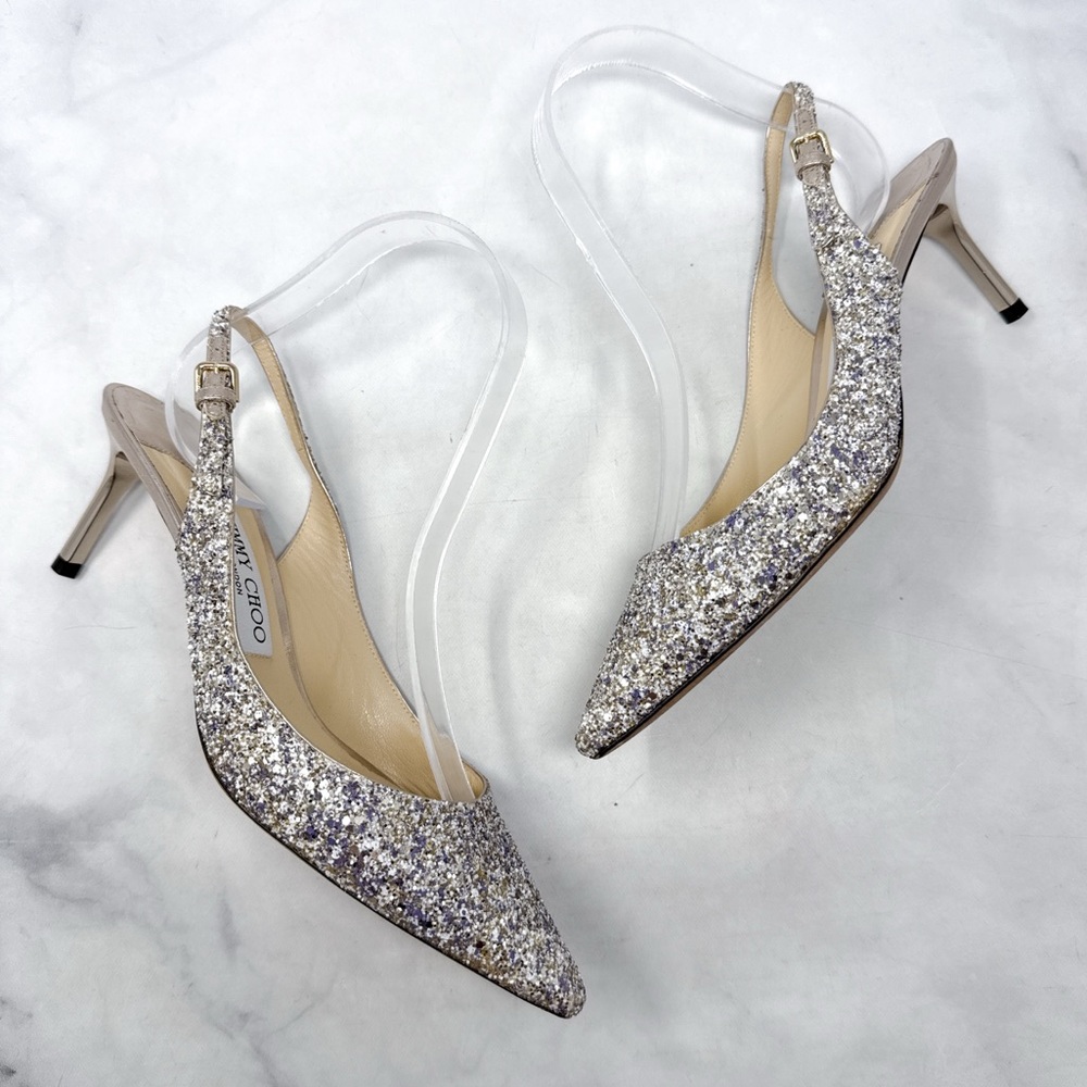 Jimmy Choo Erin 60 Platinum Glitter Pointed Toe Slingback Kitten Heel Pumps 38 - Picture 4 of 16